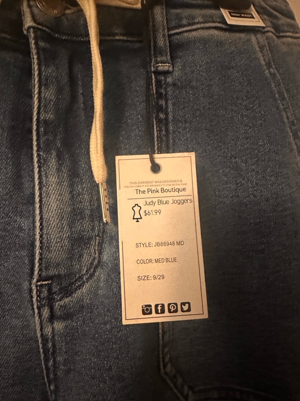 Judy Blue Medium Blue Denim Jogger with Cream Drawstring - Picture 2 of 4